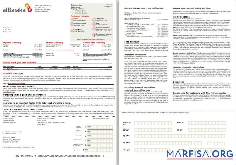 Realistic Bahrain Al Baraka bank mortgage statement, 2 pages, 1 2 scr template